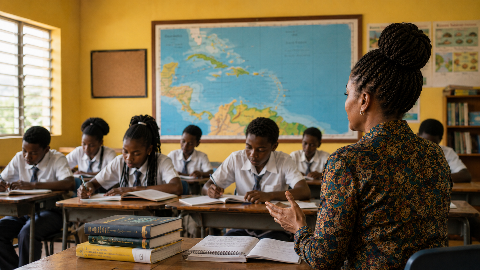 Image of a Caribbean classroom scene with a teacher facing students during a lesson